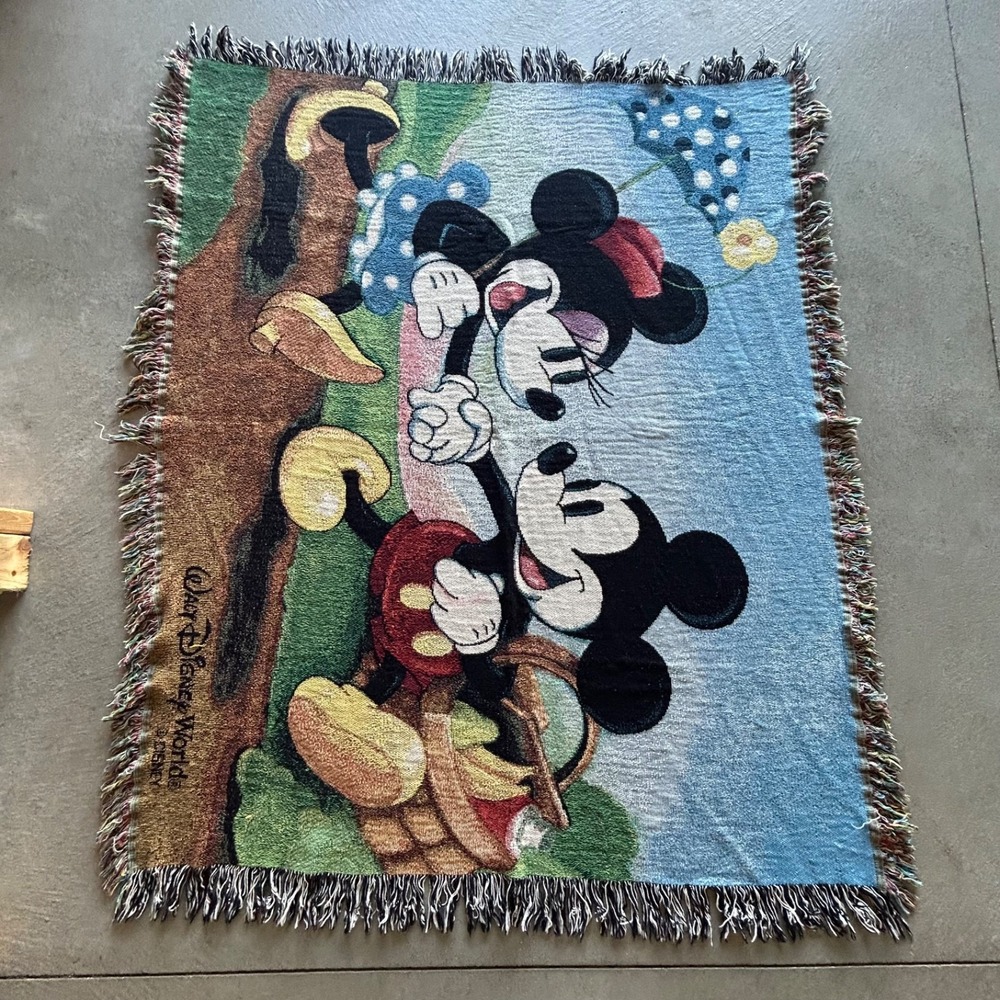 Vintage 90s Disney Mickey Minnie Mouse Knit Throw Blanket Woven Tapestry 50x 62"